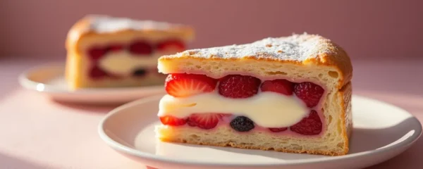 Image réaliste d'un dessert pâtissier avec fourrage visible, éclairage cinématographique, composition nette avec espace négatif, texture fine et bokeh naturel