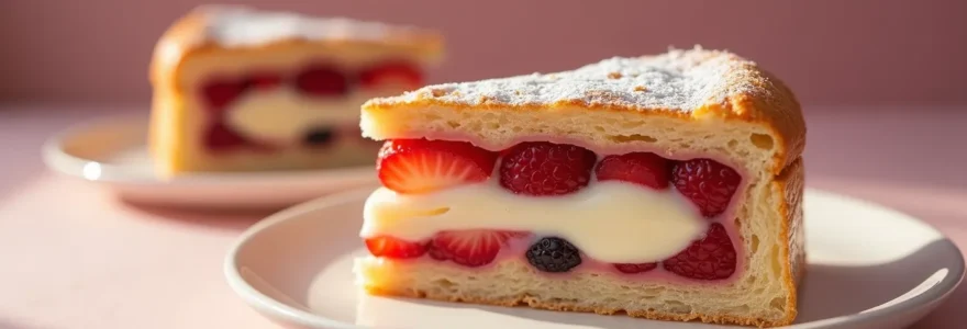 Image réaliste d'un dessert pâtissier avec fourrage visible, éclairage cinématographique, composition nette avec espace négatif, texture fine et bokeh naturel