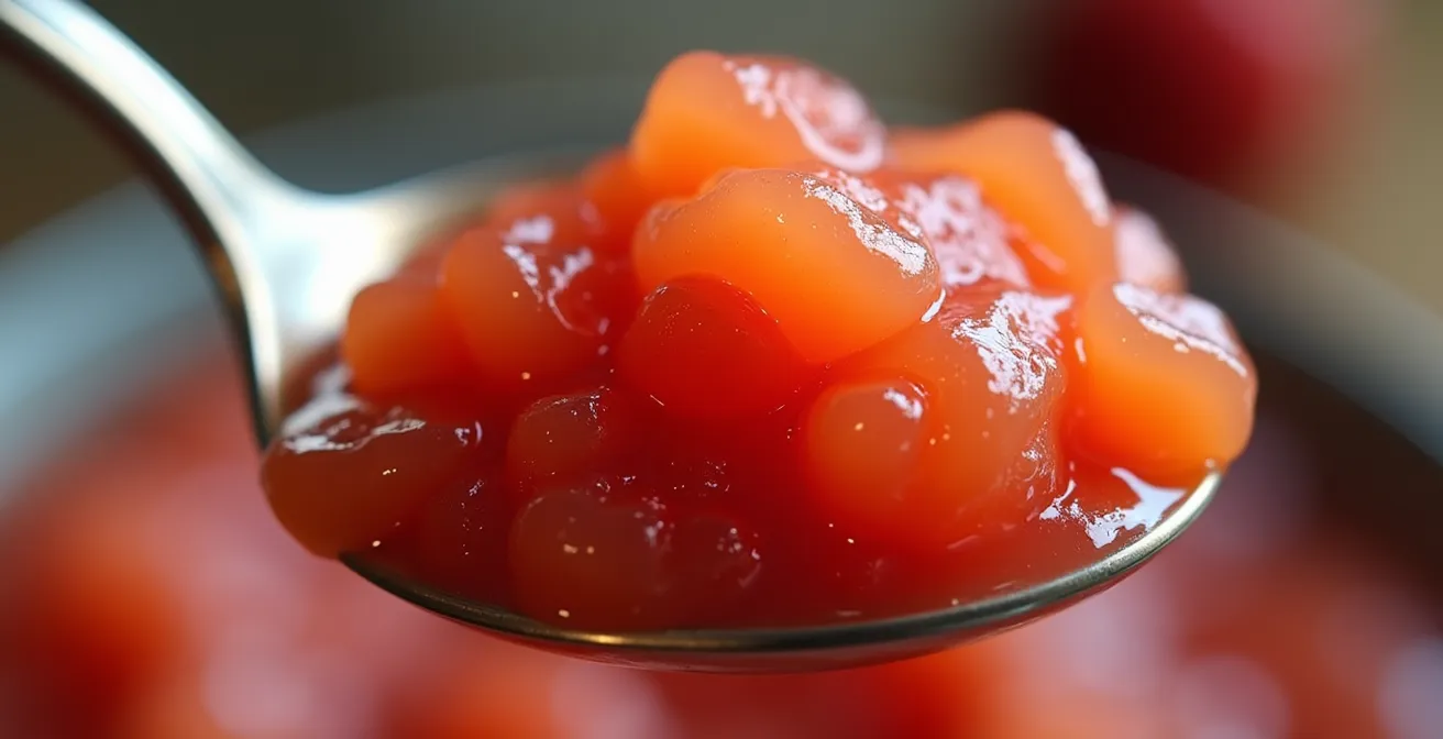 Zoom macro sur une cuillère de purée de fruits lisse, textures naturelles riches