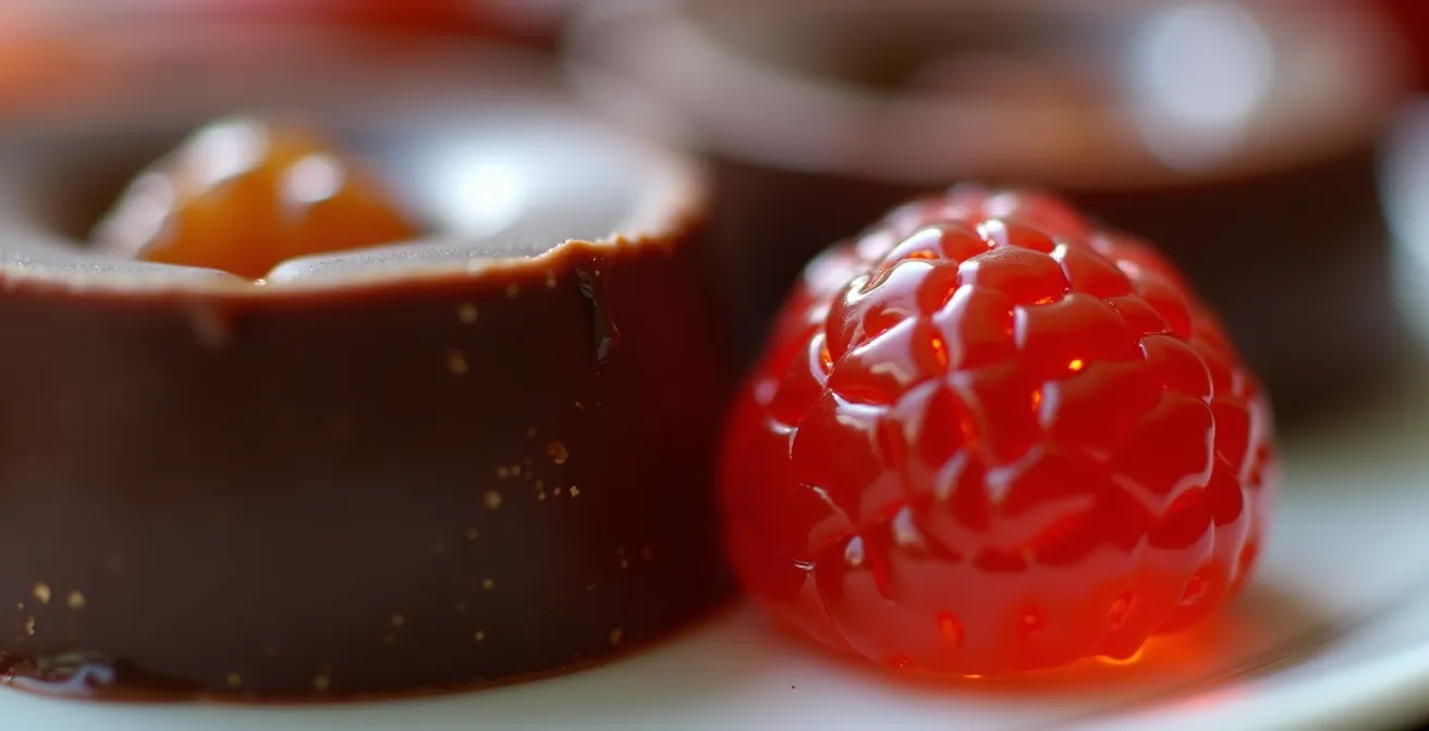 Détail macro d’une ganache lisse et d’un insert fruité translucide avec texture brillante