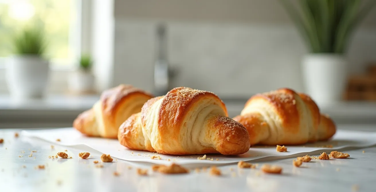Image environnementale minimaliste montrant un dessert pâtissier sur un plan de travail propre et lumineux prêt à être conservé
